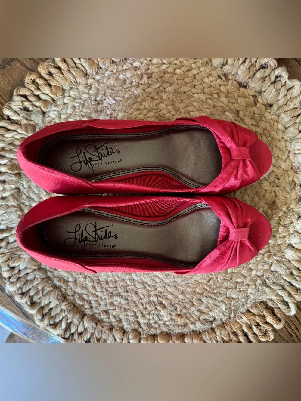 Life Stride Red Bow Peep-Toe Wedge Sandals